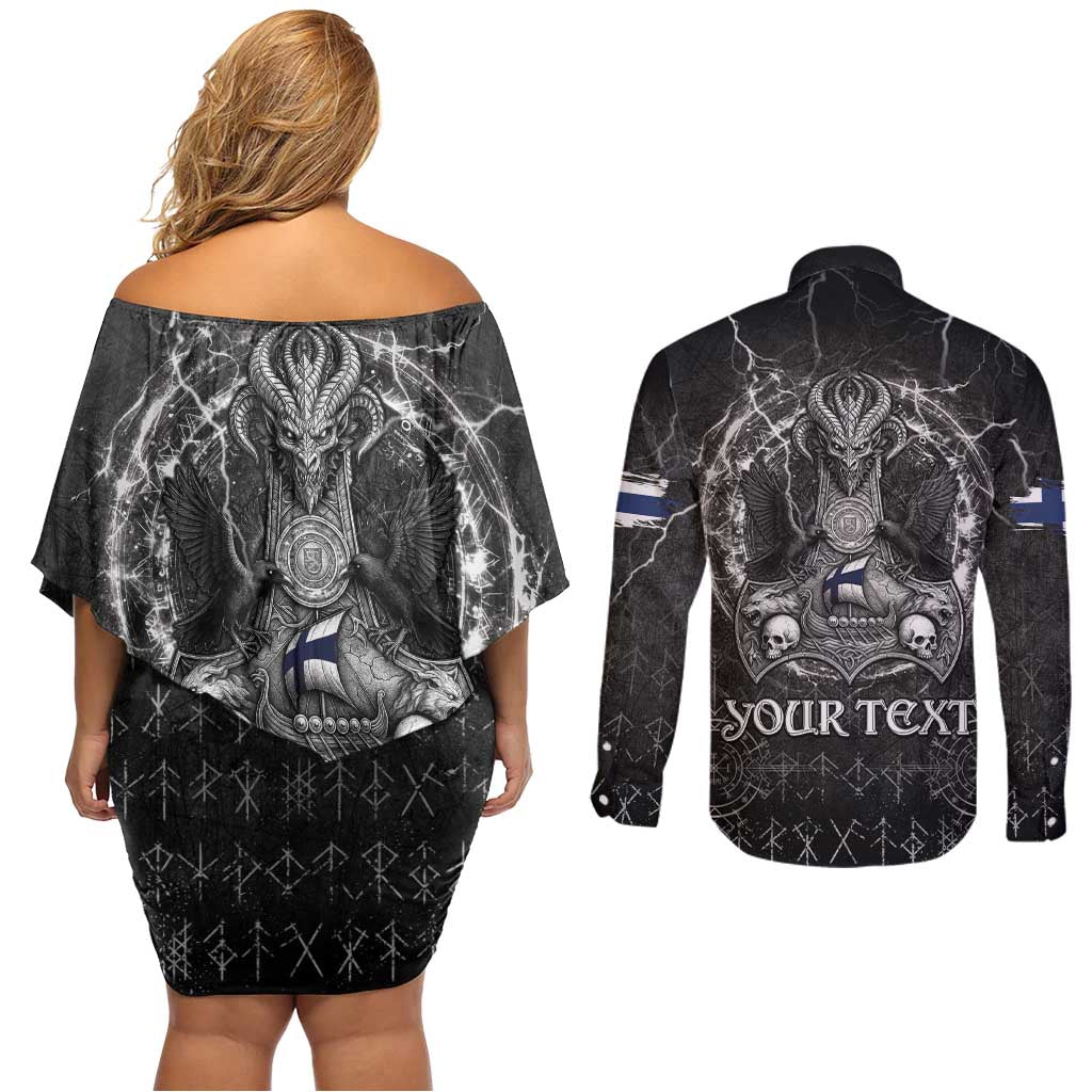 Personalized Finland Viking Couples Matching Off Shoulder Short Dress and Long Sleeve Button Shirt Odin's Raven Legacy - Wonder Print Shop
