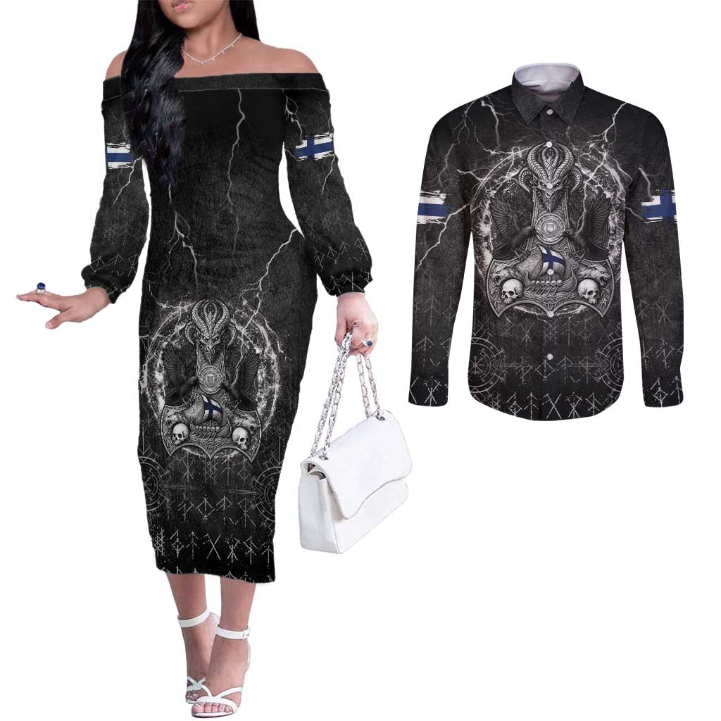 Personalized Finland Viking Couples Matching Off The Shoulder Long Sleeve Dress and Long Sleeve Button Shirt Odin's Raven Legacy - Wonder Print Shop