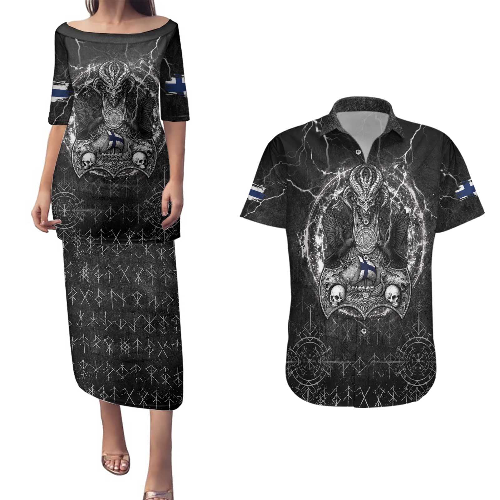 Personalized Finland Viking Couples Matching Puletasi and Hawaiian Shirt Odin's Raven Legacy - Wonder Print Shop