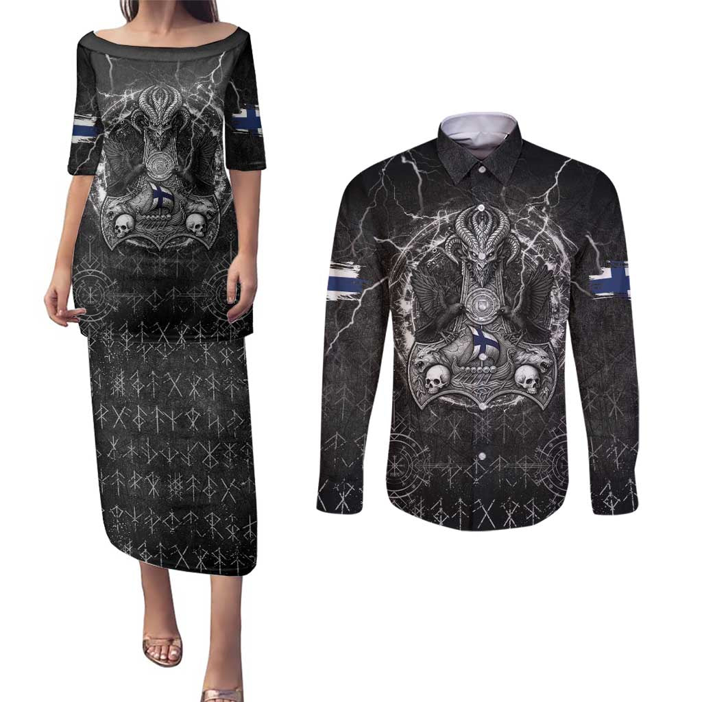 Personalized Finland Viking Couples Matching Puletasi and Long Sleeve Button Shirt Odin's Raven Legacy - Wonder Print Shop