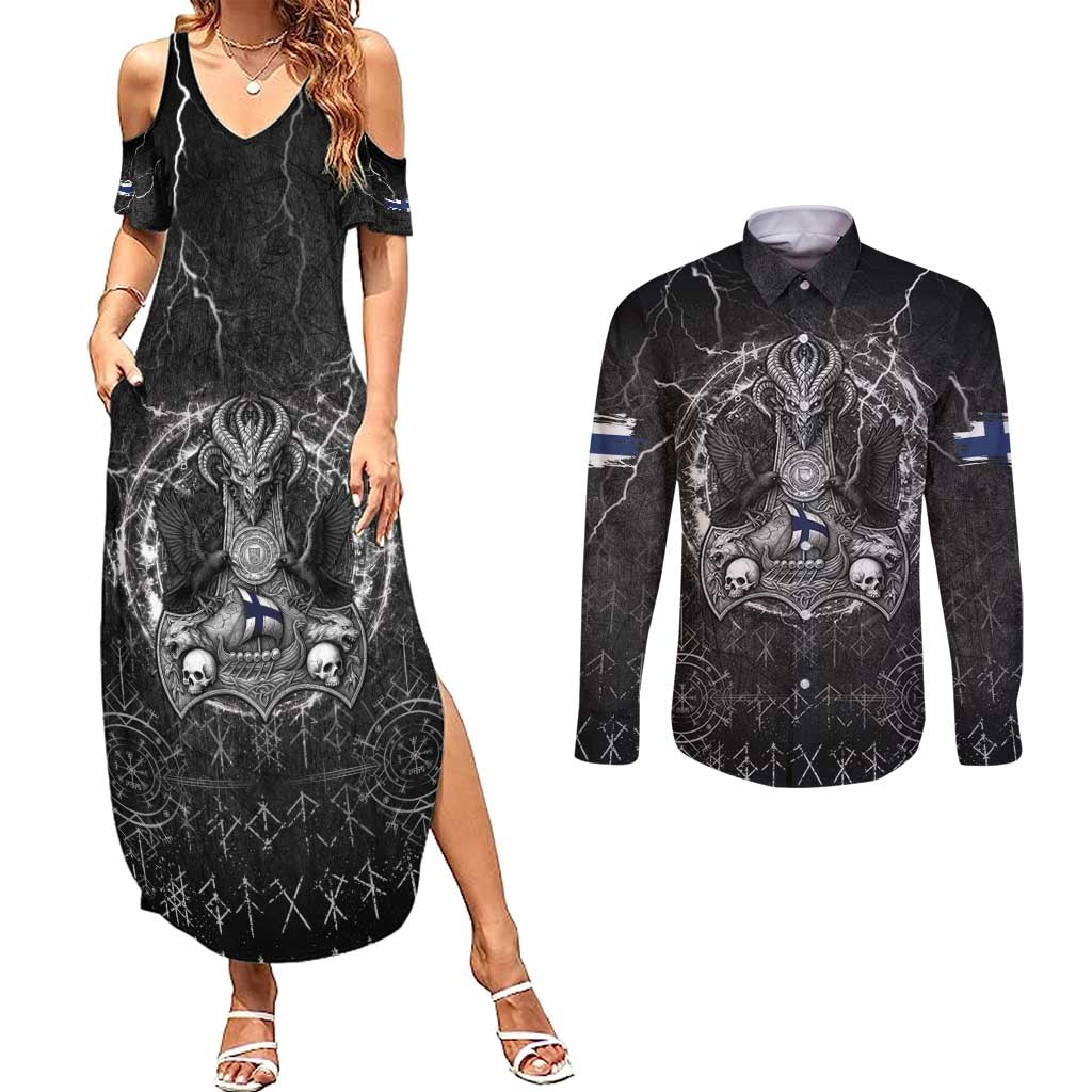 Personalized Finland Viking Couples Matching Summer Maxi Dress and Long Sleeve Button Shirt Odin's Raven Legacy - Wonder Print Shop