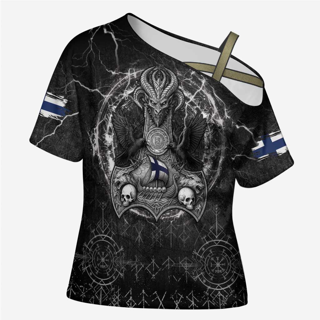 Personalized Finland Viking Cross Shoulder Shirt Odin's Raven Legacy - Wonder Print Shop