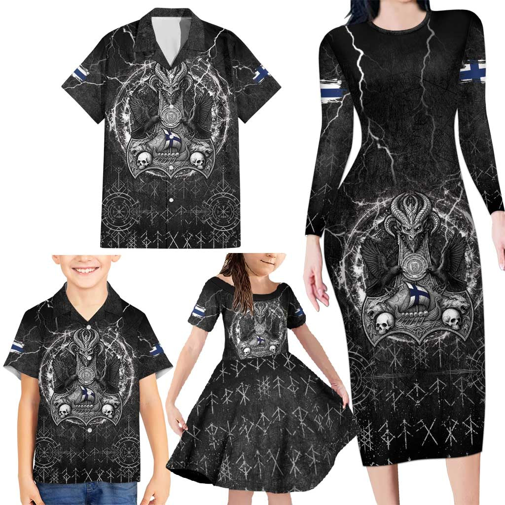 Personalized Finland Viking Family Matching Long Sleeve Bodycon Dress and Hawaiian Shirt Odin's Raven Legacy - Wonder Print Shop