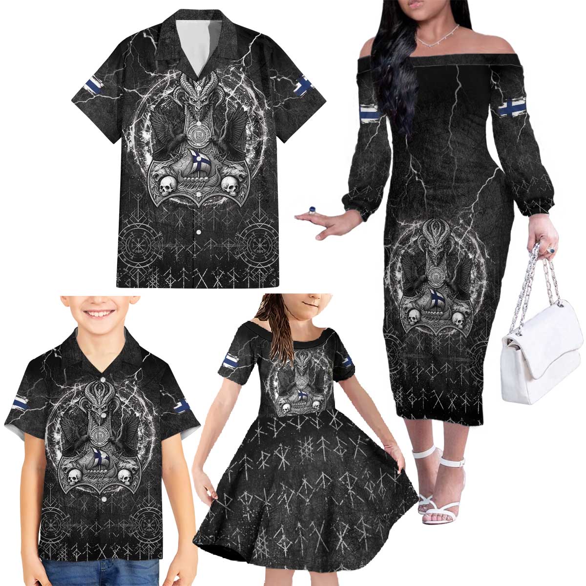 Personalized Finland Viking Family Matching Off The Shoulder Long Sleeve Dress and Hawaiian Shirt Odin's Raven Legacy - Wonder Print Shop