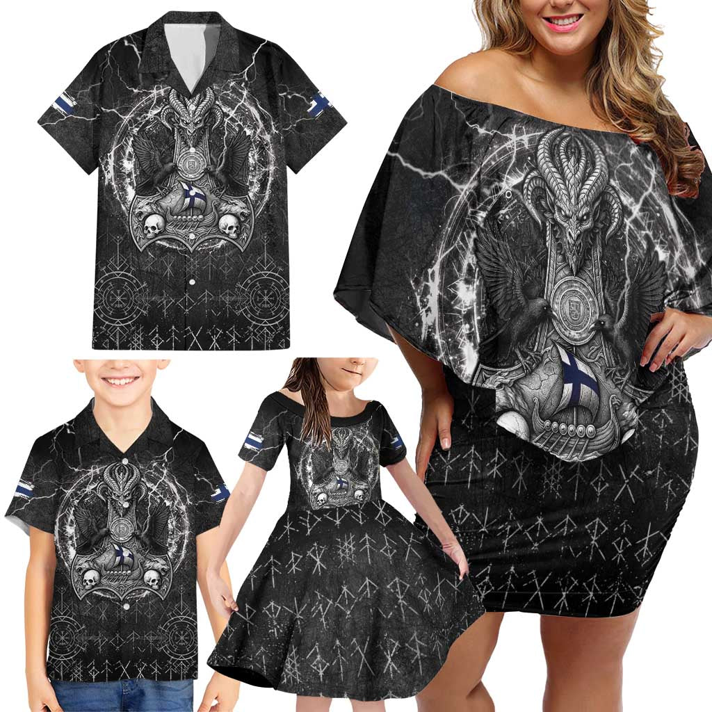 Personalized Finland Viking Family Matching Off Shoulder Short Dress and Hawaiian Shirt Odin's Raven Legacy - Wonder Print Shop