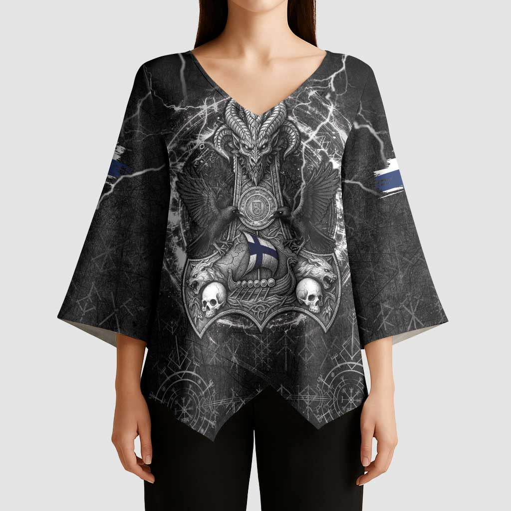Personalized Finland Viking Kimono Sleeve Blouse Odin's Raven Legacy - Wonder Print Shop