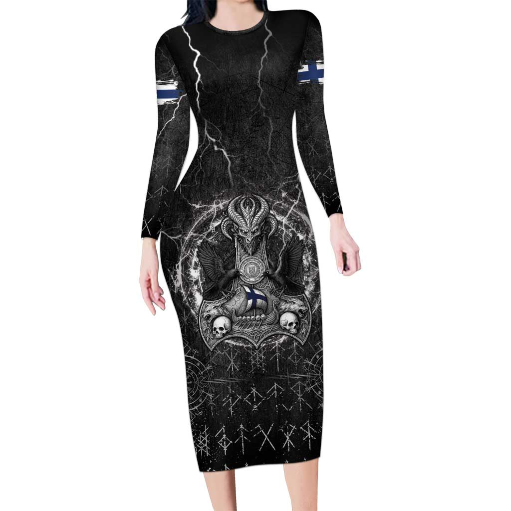 Personalized Finland Viking Long Sleeve Bodycon Dress Odin's Raven Legacy - Wonder Print Shop
