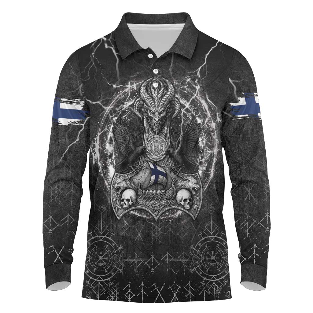 Personalized Finland Viking Long Sleeve Polo Shirt Odin's Raven Legacy - Wonder Print Shop