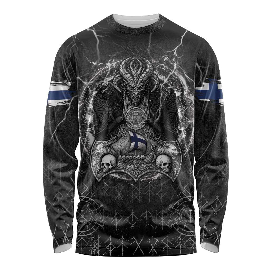 Personalized Finland Viking Long Sleeve Shirt Odin's Raven Legacy - Wonder Print Shop