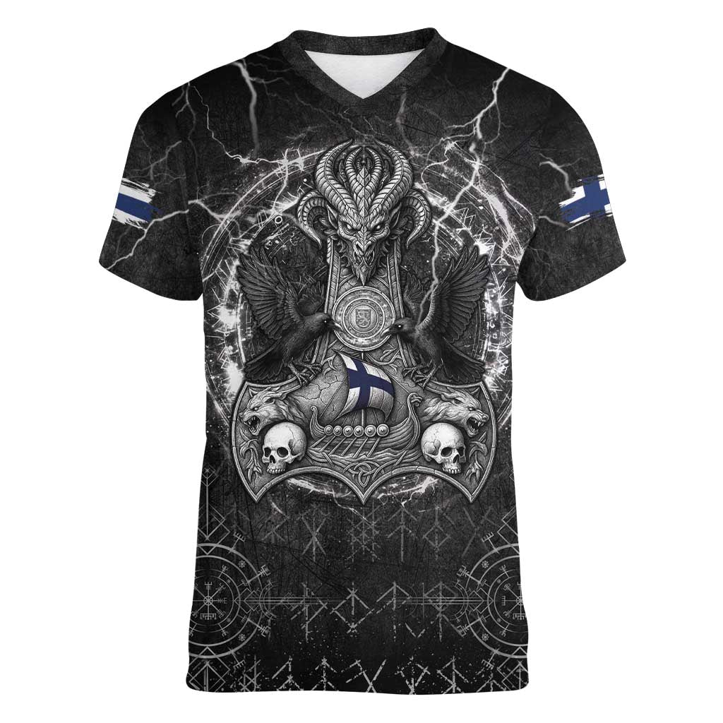 Personalized Finland Viking Women V-Neck T-Shirt Odin's Raven Legacy - Wonder Print Shop