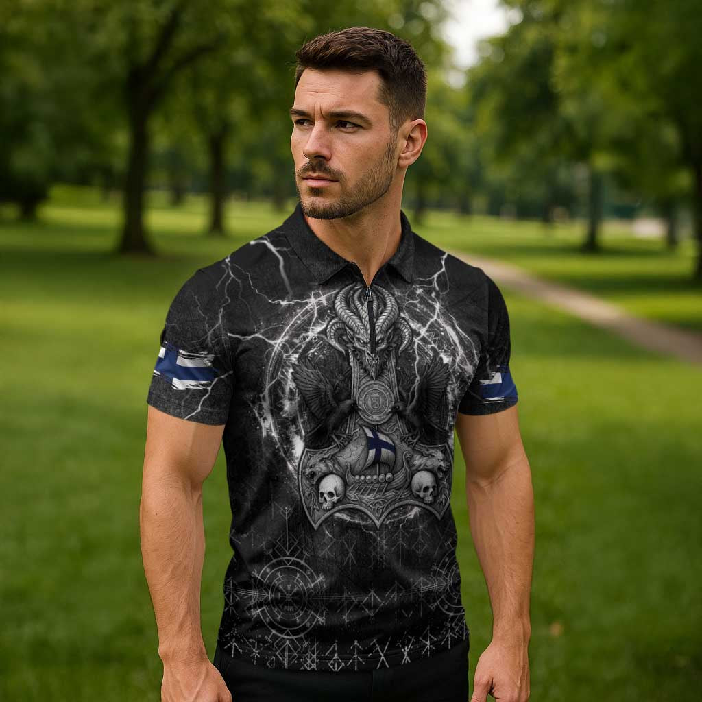 Personalized Finland Viking Zipper Polo Shirt Odin's Raven Legacy - Wonder Print Shop