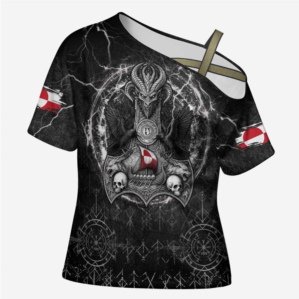 Personalized Greenland Viking Cross Shoulder Shirt Odin's Raven Legacy - Wonder Print Shop