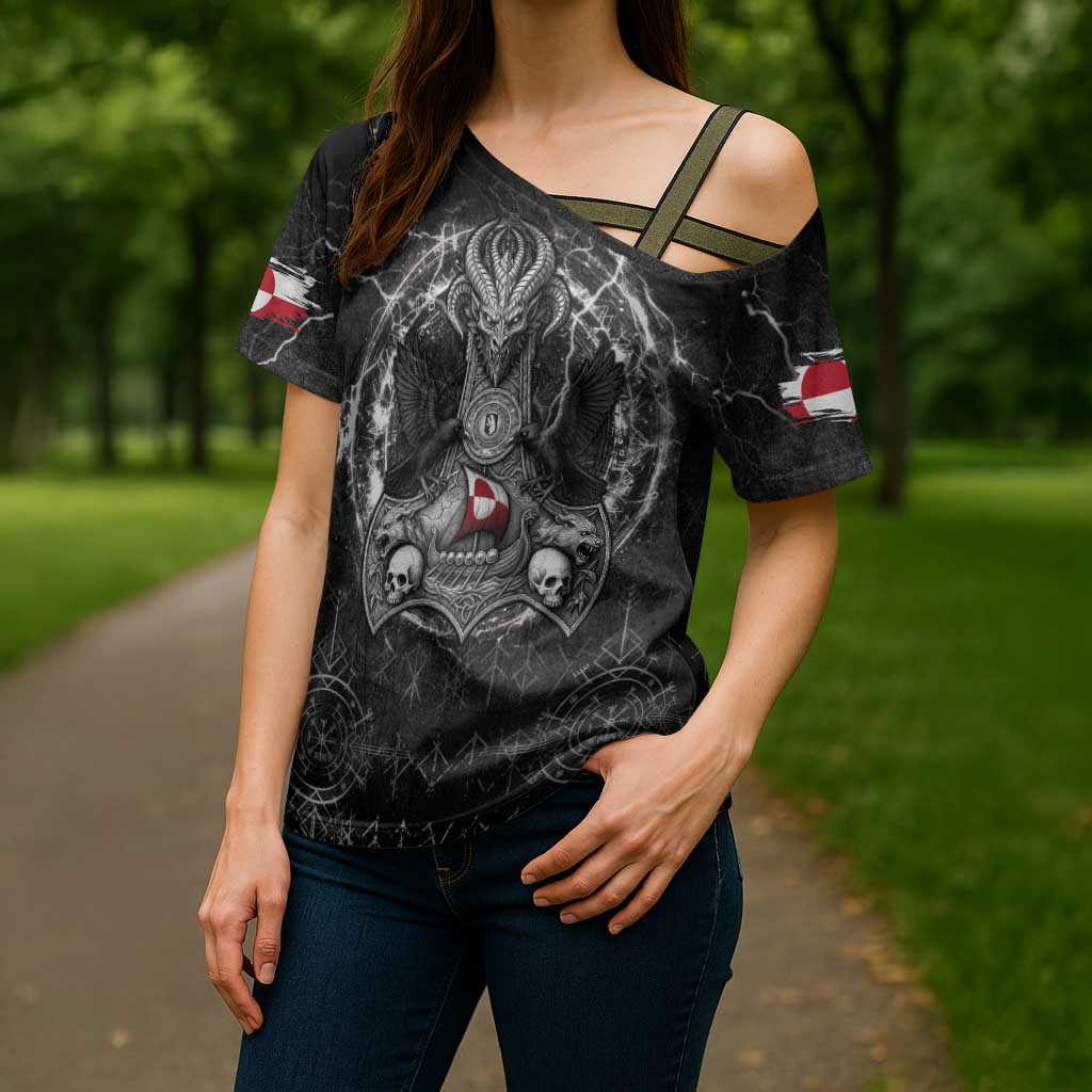 Personalized Greenland Viking Cross Shoulder Shirt Odin's Raven Legacy - Wonder Print Shop