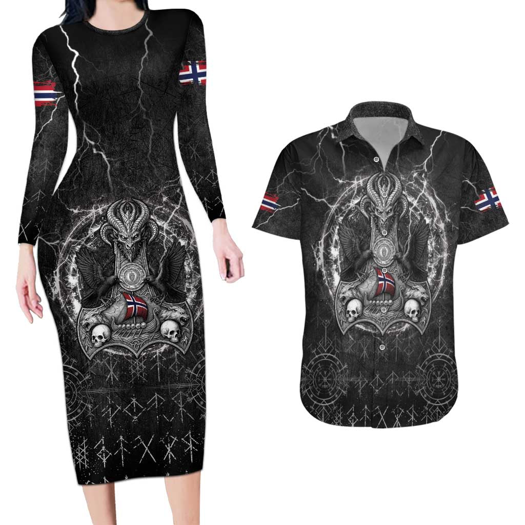 Personalized Norway Viking Couples Matching Long Sleeve Bodycon Dress and Hawaiian Shirt Odin's Raven Legacy - Wonder Print Shop