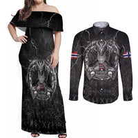 Personalized Norway Viking Couples Matching Off Shoulder Maxi Dress and Long Sleeve Button Shirt Odin's Raven Legacy - Wonder Print Shop