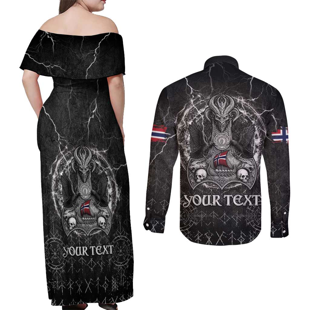 Personalized Norway Viking Couples Matching Off Shoulder Maxi Dress and Long Sleeve Button Shirt Odin's Raven Legacy - Wonder Print Shop