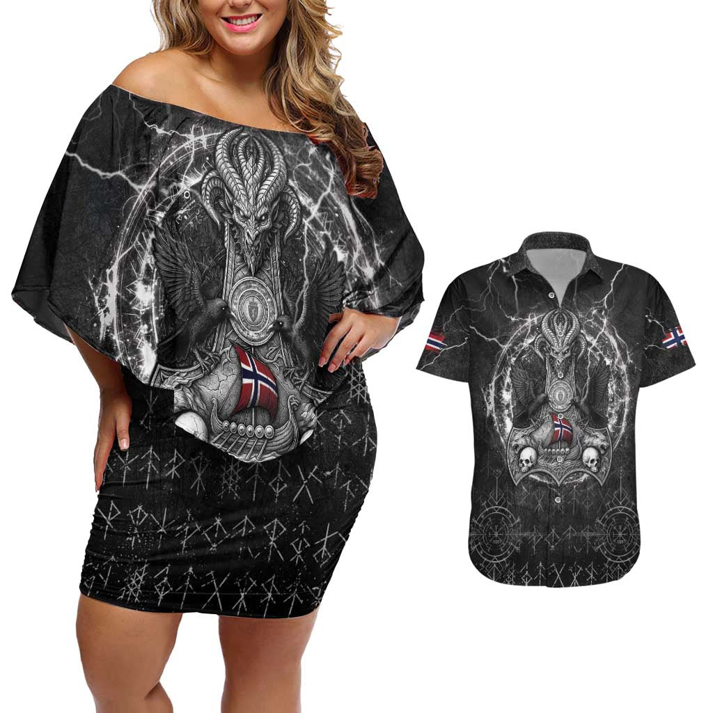 Personalized Norway Viking Couples Matching Off Shoulder Short Dress and Hawaiian Shirt Odin's Raven Legacy - Wonder Print Shop