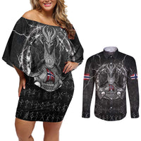 Personalized Norway Viking Couples Matching Off Shoulder Short Dress and Long Sleeve Button Shirt Odin's Raven Legacy - Wonder Print Shop