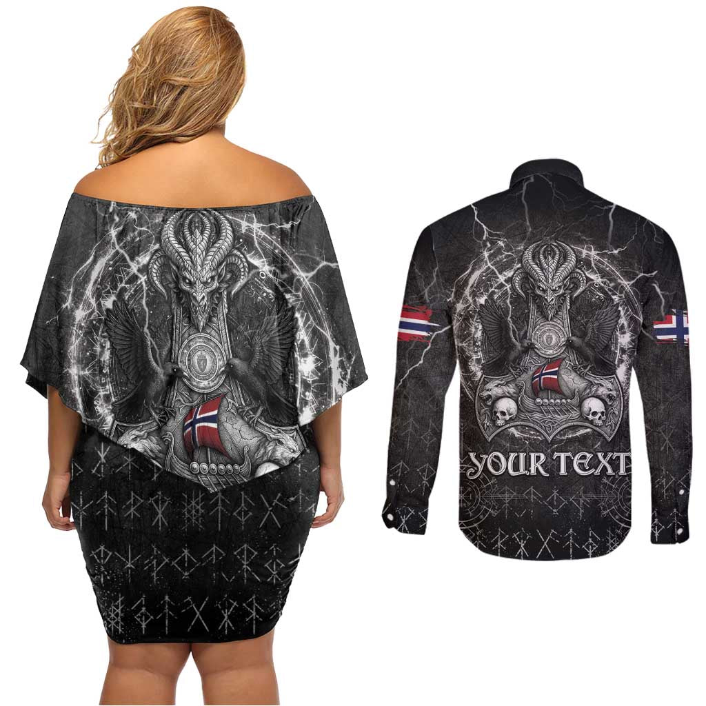 Personalized Norway Viking Couples Matching Off Shoulder Short Dress and Long Sleeve Button Shirt Odin's Raven Legacy - Wonder Print Shop