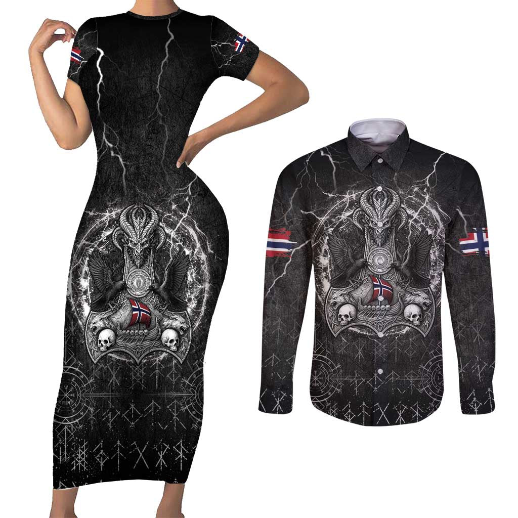 Personalized Norway Viking Couples Matching Short Sleeve Bodycon Dress and Long Sleeve Button Shirt Odin's Raven Legacy - Wonder Print Shop