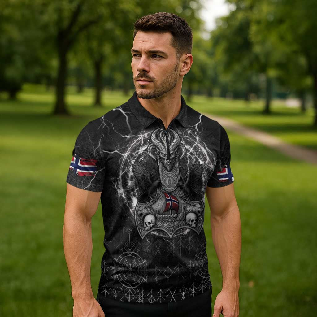 Personalized Norway Viking Zipper Polo Shirt Odin's Raven Legacy - Wonder Print Shop