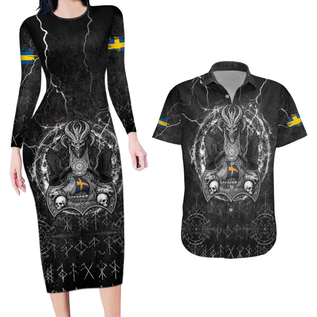 Personalized Sweden Viking Couples Matching Long Sleeve Bodycon Dress and Hawaiian Shirt Odin's Raven Legacy - Wonder Print Shop