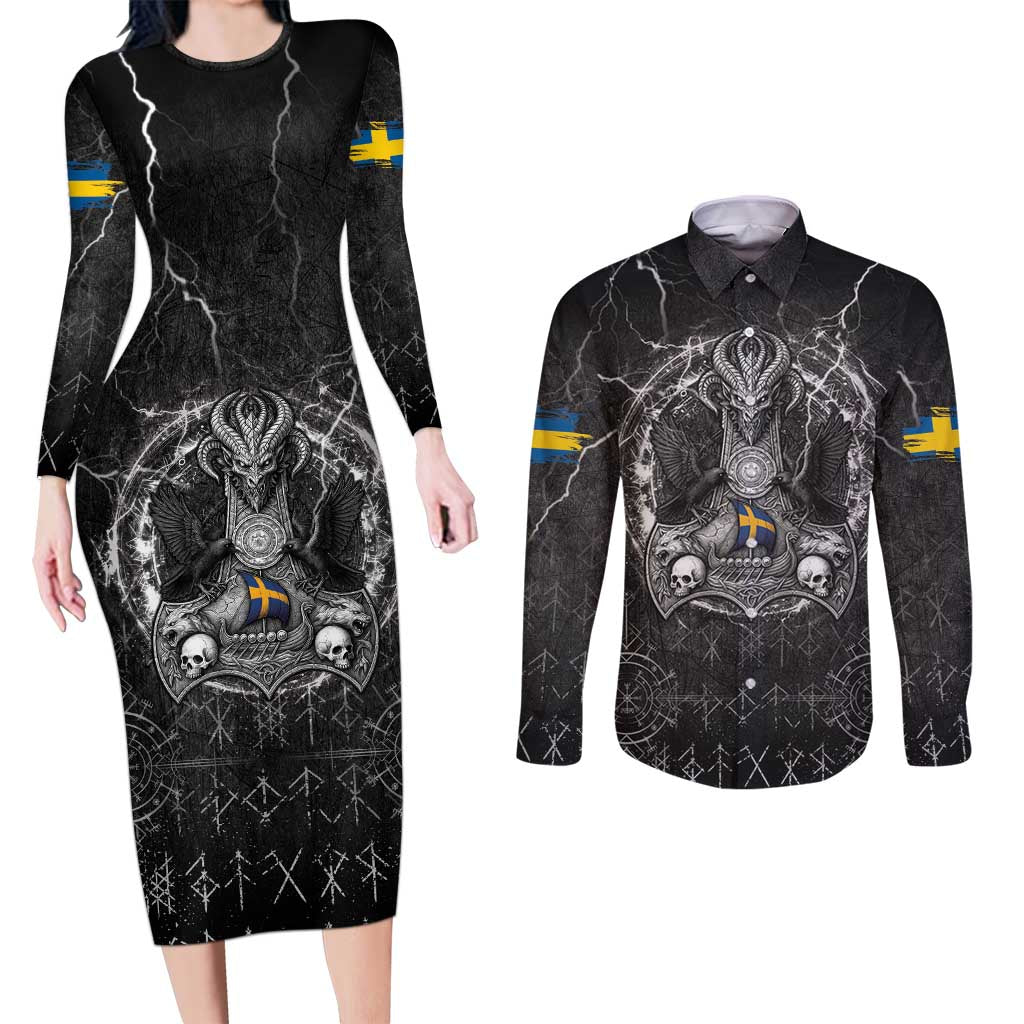 Personalized Sweden Viking Couples Matching Long Sleeve Bodycon Dress and Long Sleeve Button Shirt Odin's Raven Legacy - Wonder Print Shop