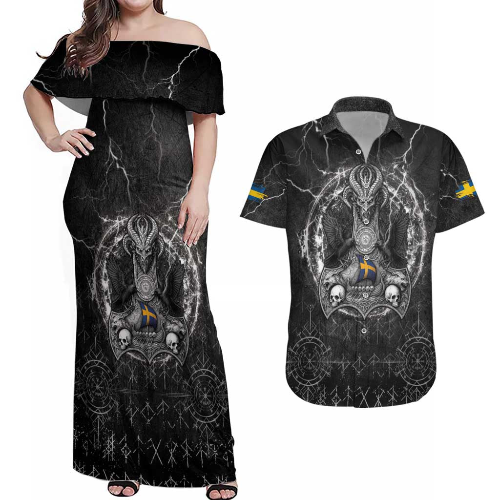 Personalized Sweden Viking Couples Matching Off Shoulder Maxi Dress and Hawaiian Shirt Odin's Raven Legacy - Wonder Print Shop