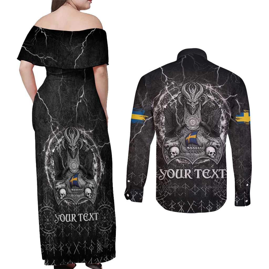 Personalized Sweden Viking Couples Matching Off Shoulder Maxi Dress and Long Sleeve Button Shirt Odin's Raven Legacy - Wonder Print Shop