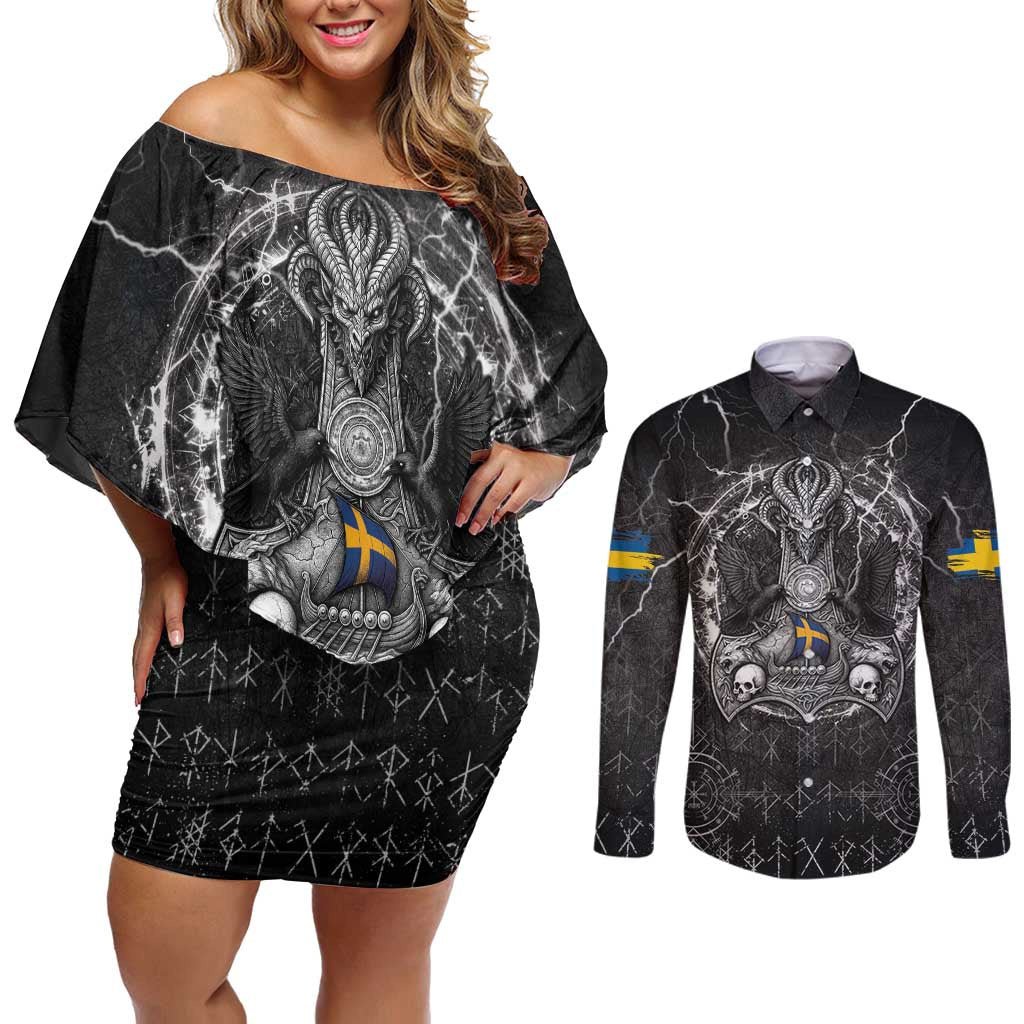 Personalized Sweden Viking Couples Matching Off Shoulder Short Dress and Long Sleeve Button Shirt Odin's Raven Legacy - Wonder Print Shop
