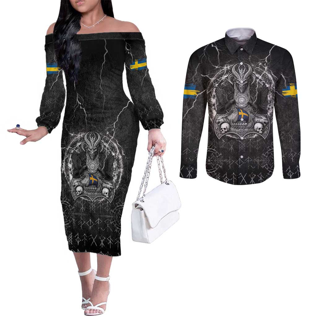 Personalized Sweden Viking Couples Matching Off The Shoulder Long Sleeve Dress and Long Sleeve Button Shirt Odin's Raven Legacy - Wonder Print Shop