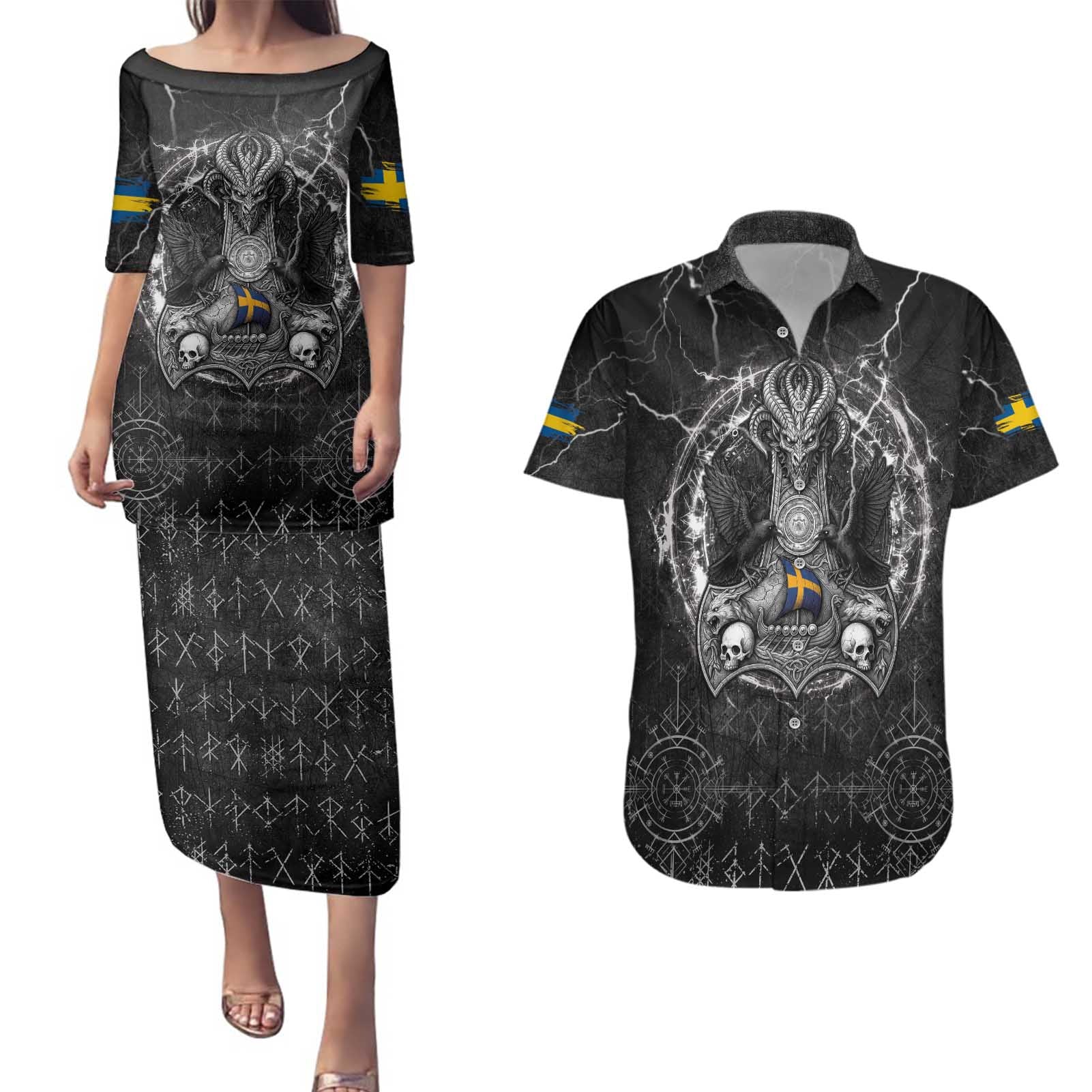 Personalized Sweden Viking Couples Matching Puletasi and Hawaiian Shirt Odin's Raven Legacy - Wonder Print Shop
