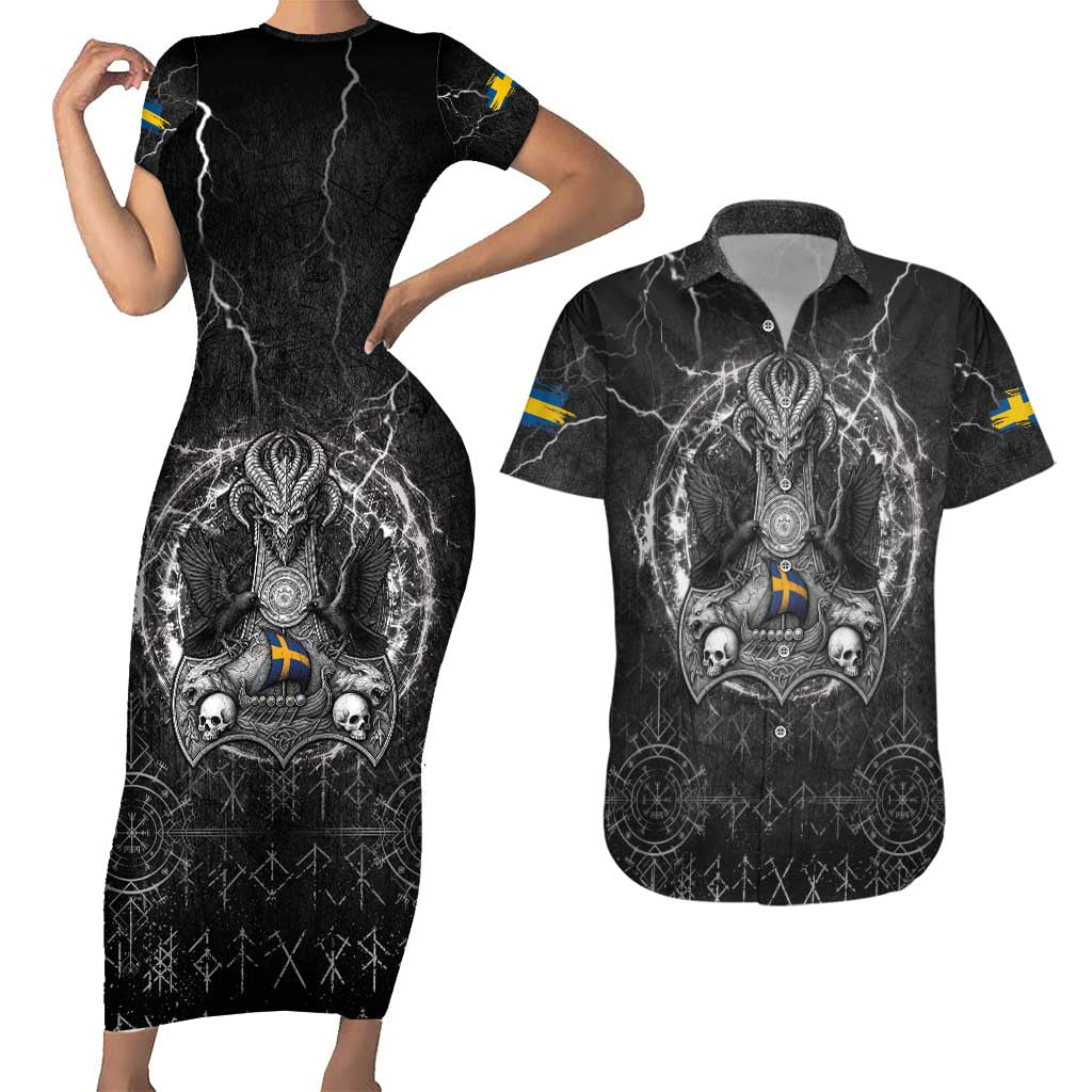 Personalized Sweden Viking Couples Matching Short Sleeve Bodycon Dress and Hawaiian Shirt Odin's Raven Legacy - Wonder Print Shop
