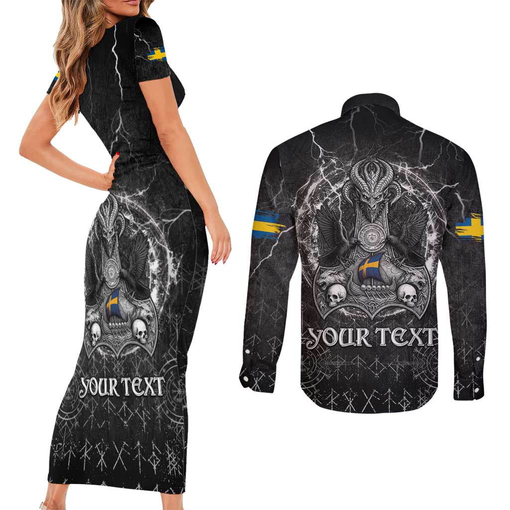 Personalized Sweden Viking Couples Matching Short Sleeve Bodycon Dress and Long Sleeve Button Shirt Odin's Raven Legacy - Wonder Print Shop