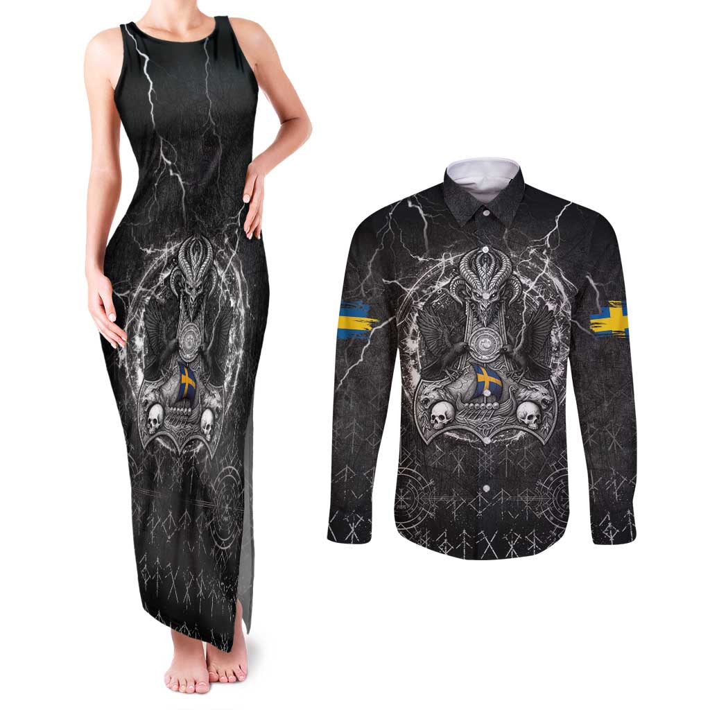 Personalized Sweden Viking Couples Matching Tank Maxi Dress and Long Sleeve Button Shirt Odin's Raven Legacy - Wonder Print Shop