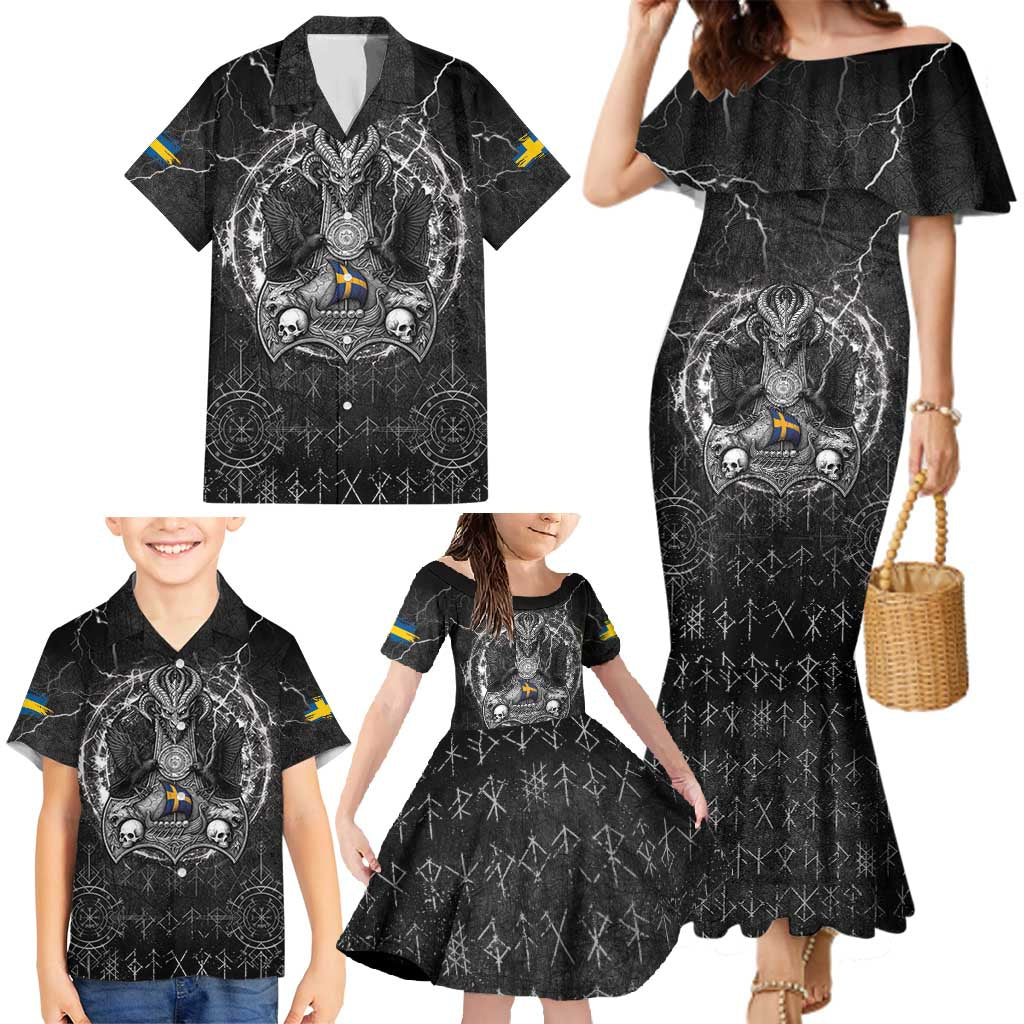Personalized Sweden Viking Family Matching Mermaid Dress and Hawaiian Shirt Odin's Raven Legacy - Wonder Print Shop