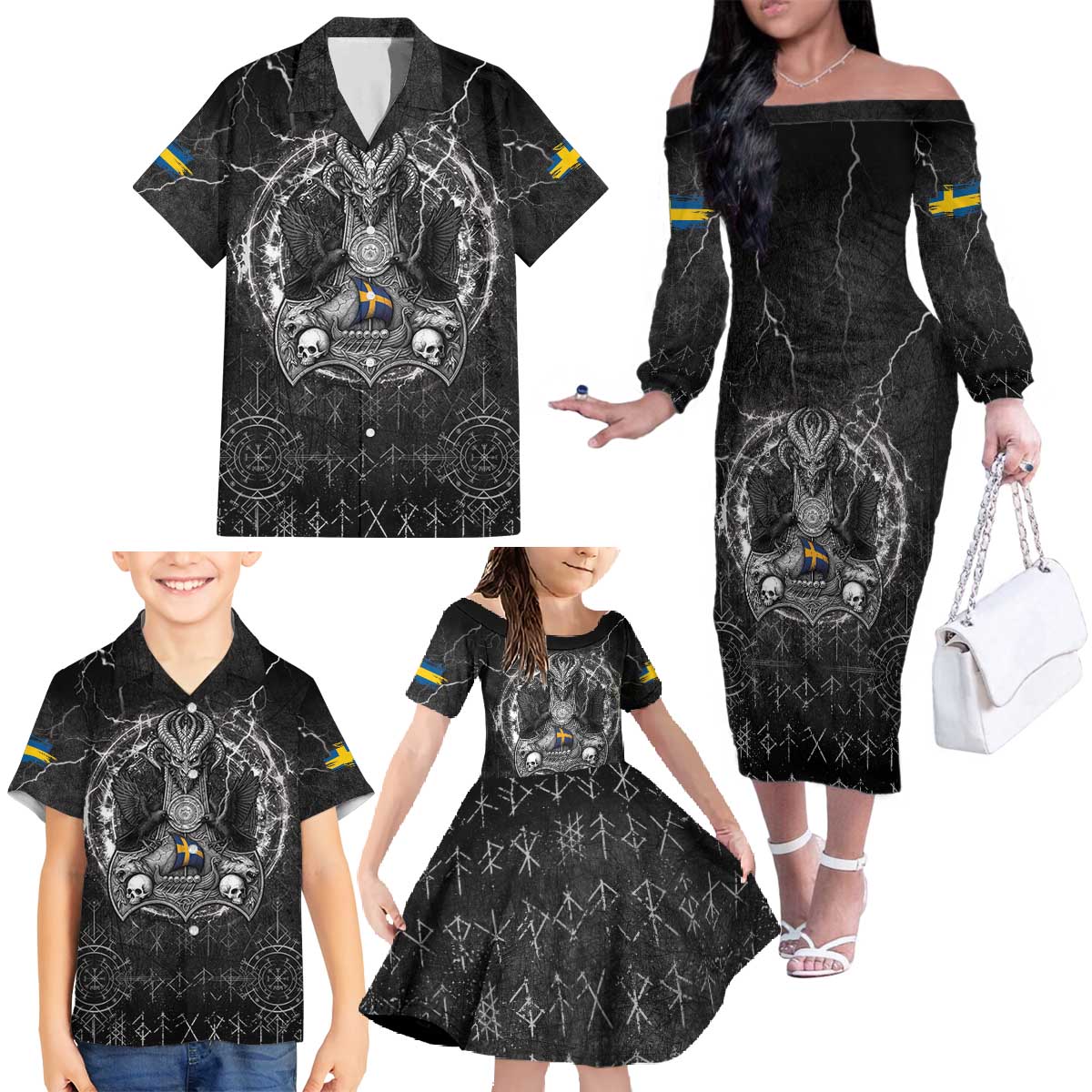 Personalized Sweden Viking Family Matching Off The Shoulder Long Sleeve Dress and Hawaiian Shirt Odin's Raven Legacy - Wonder Print Shop