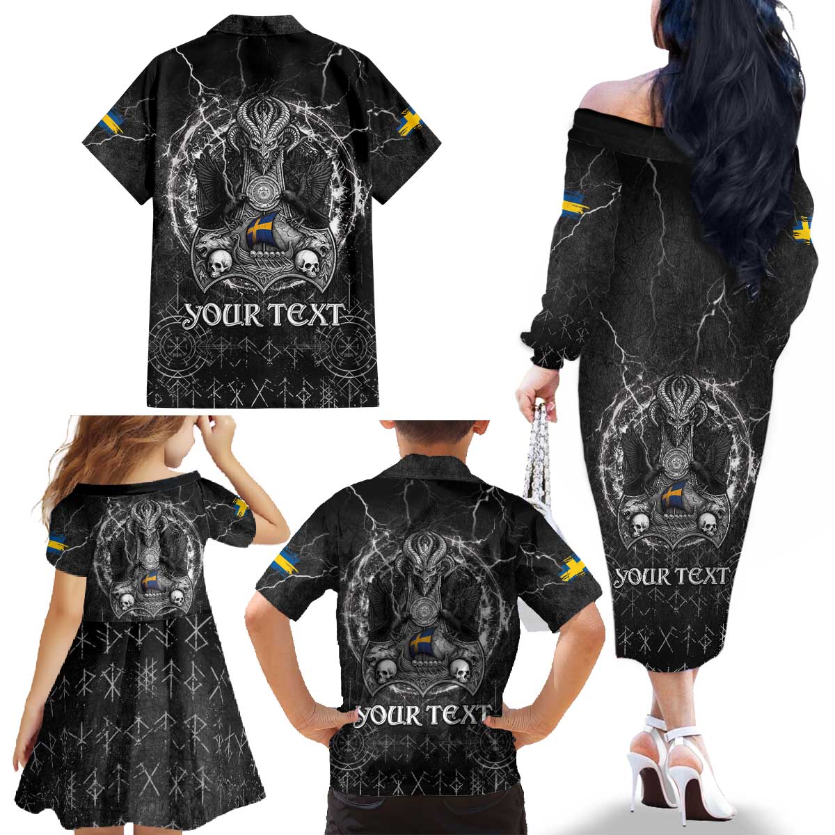 Personalized Sweden Viking Family Matching Off The Shoulder Long Sleeve Dress and Hawaiian Shirt Odin's Raven Legacy - Wonder Print Shop