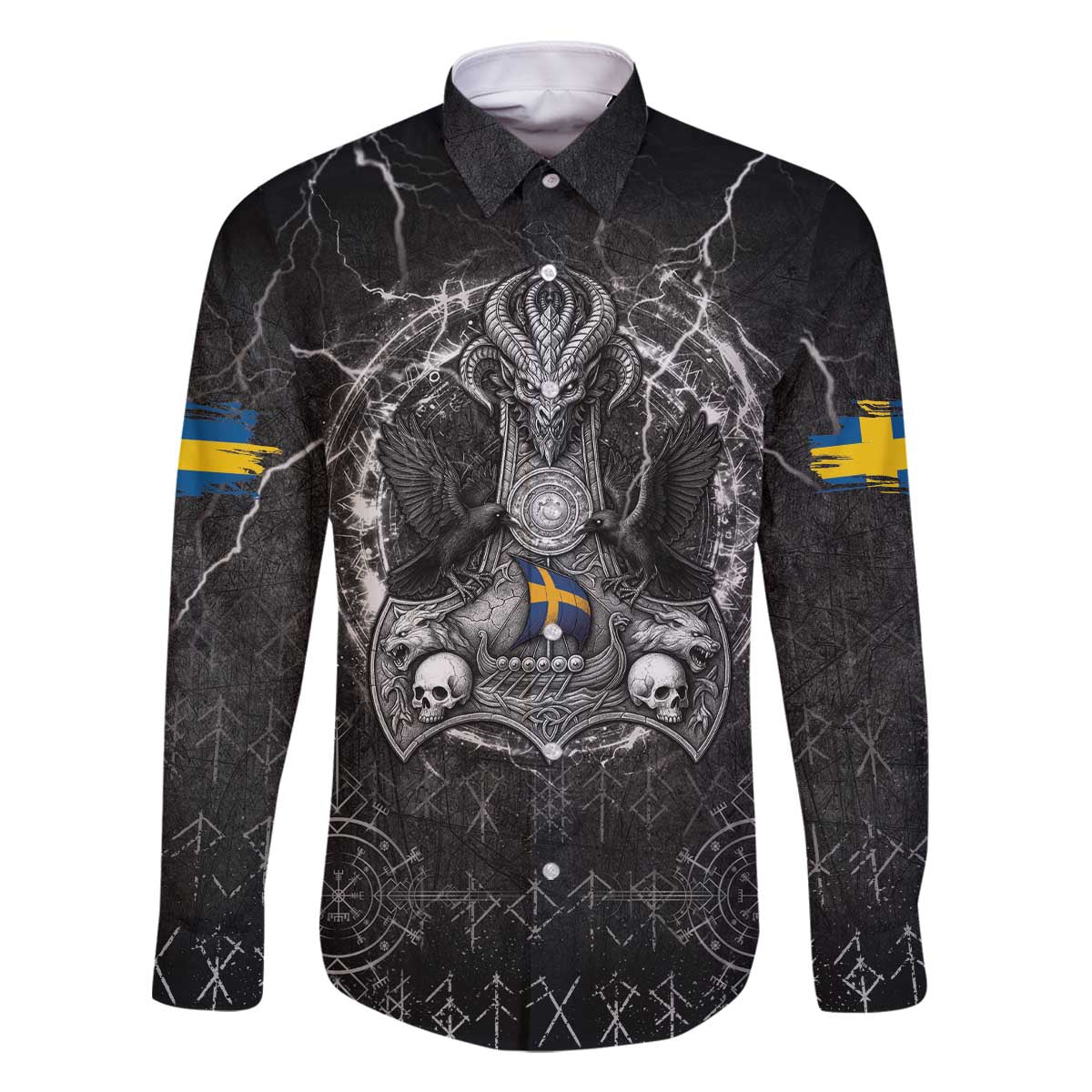 Personalized Sweden Viking Family Matching Off The Shoulder Long Sleeve Dress and Hawaiian Shirt Odin's Raven Legacy - Wonder Print Shop