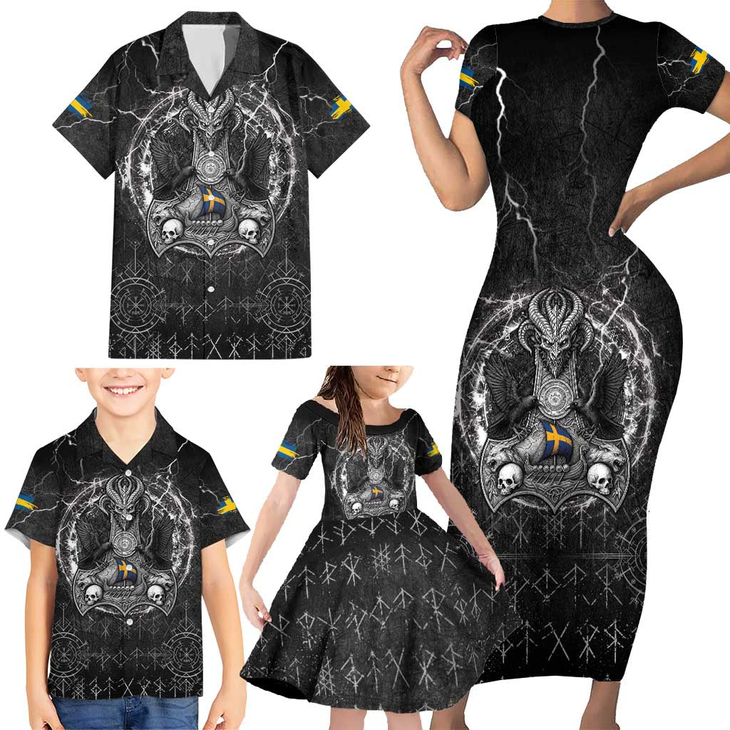 Personalized Sweden Viking Family Matching Short Sleeve Bodycon Dress and Hawaiian Shirt Odin's Raven Legacy - Wonder Print Shop