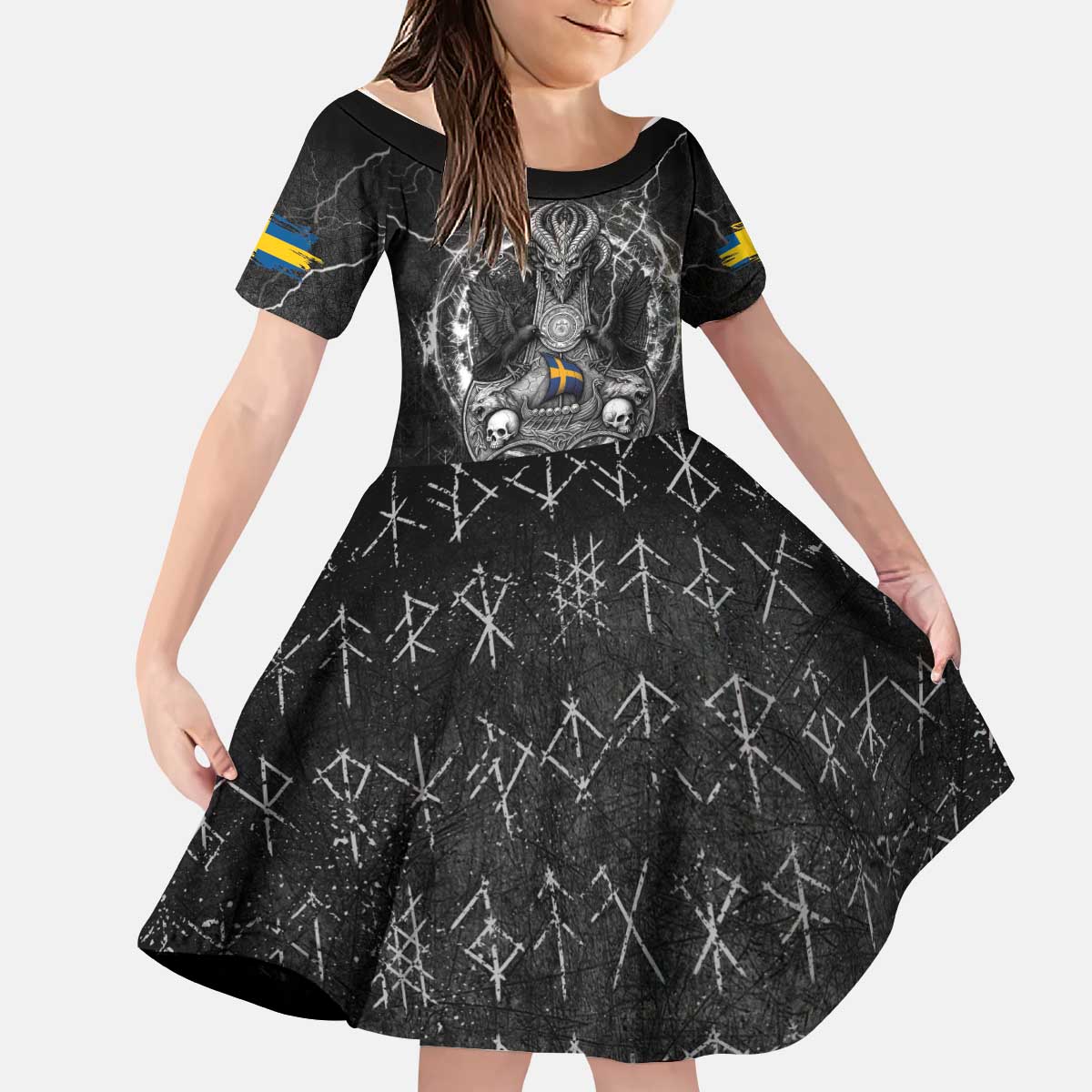 Personalized Sweden Viking Kid Short Sleeve Dress Odin's Raven Legacy - Wonder Print Shop