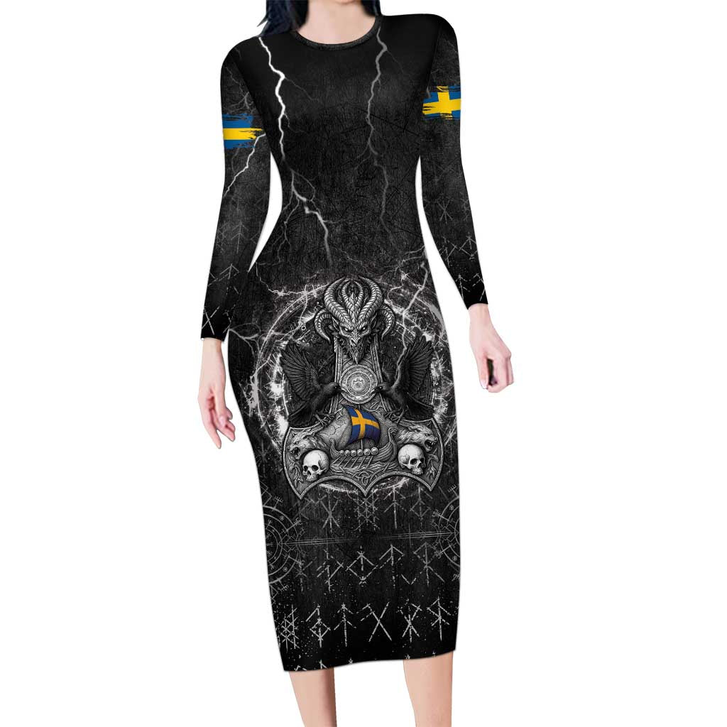 Personalized Sweden Viking Long Sleeve Bodycon Dress Odin's Raven Legacy - Wonder Print Shop