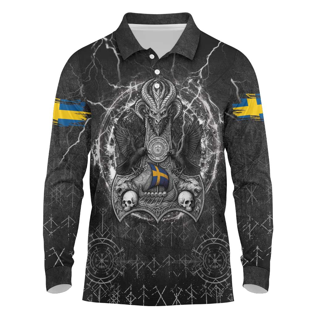 Personalized Sweden Viking Long Sleeve Polo Shirt Odin's Raven Legacy - Wonder Print Shop