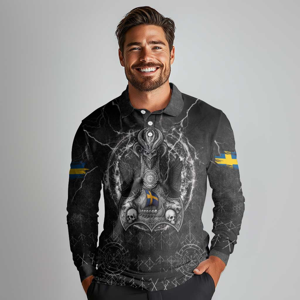 Personalized Sweden Viking Long Sleeve Polo Shirt Odin's Raven Legacy - Wonder Print Shop
