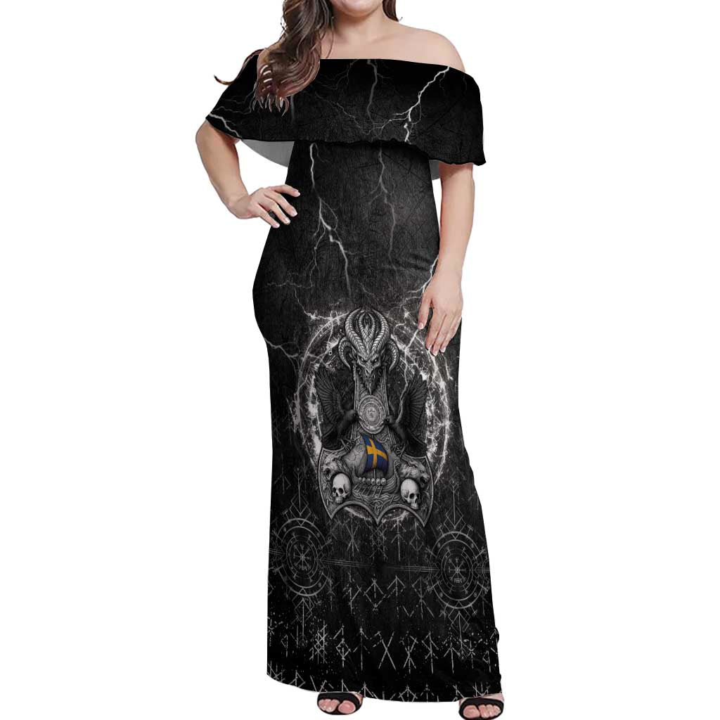 Personalized Sweden Viking Off Shoulder Maxi Dress Odin's Raven Legacy - Wonder Print Shop