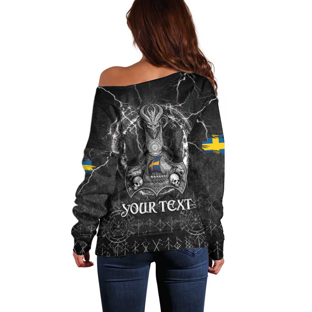 Personalized Sweden Viking Off Shoulder Sweater Odin's Raven Legacy - Wonder Print Shop