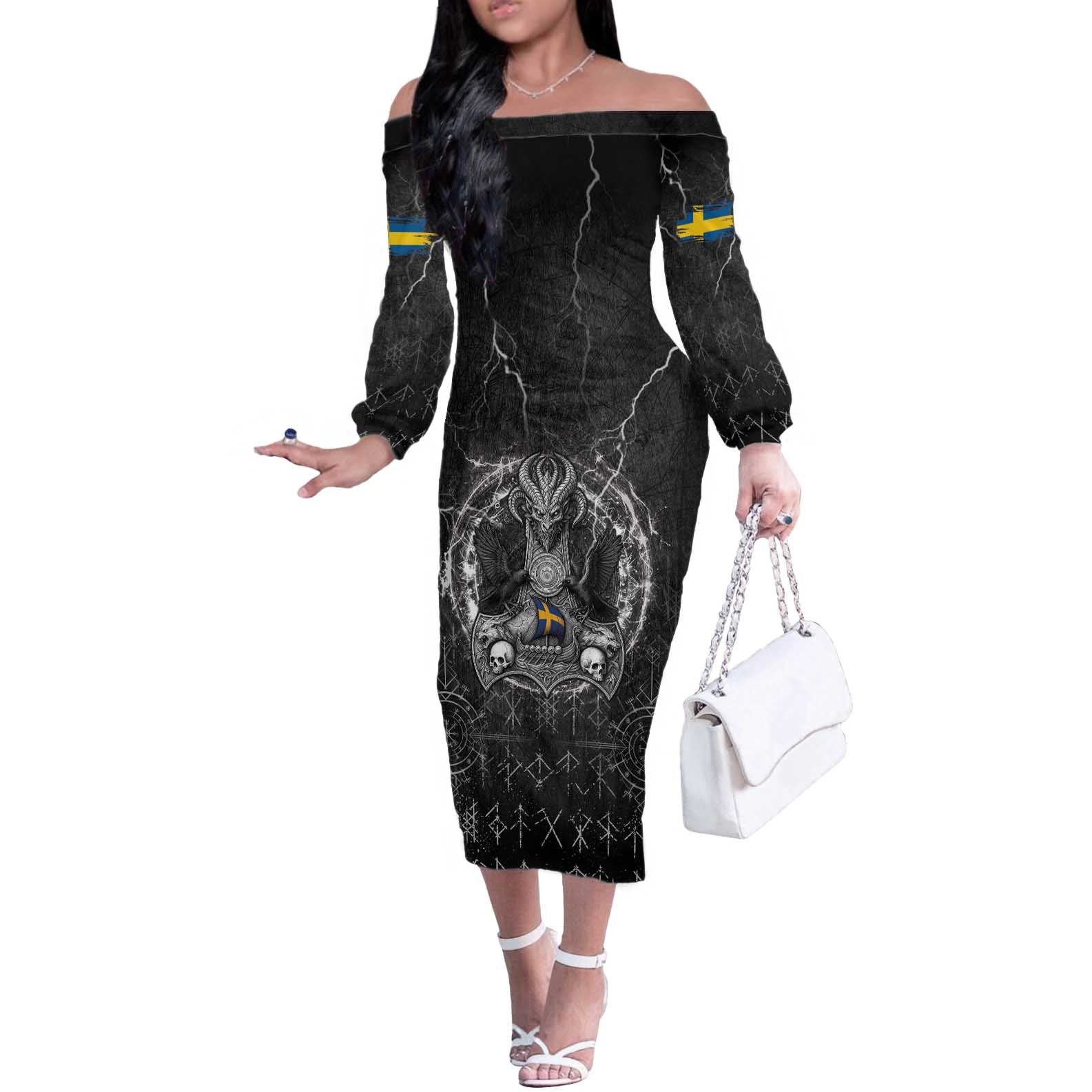 Personalized Sweden Viking Off The Shoulder Long Sleeve Dress Odin's Raven Legacy - Wonder Print Shop