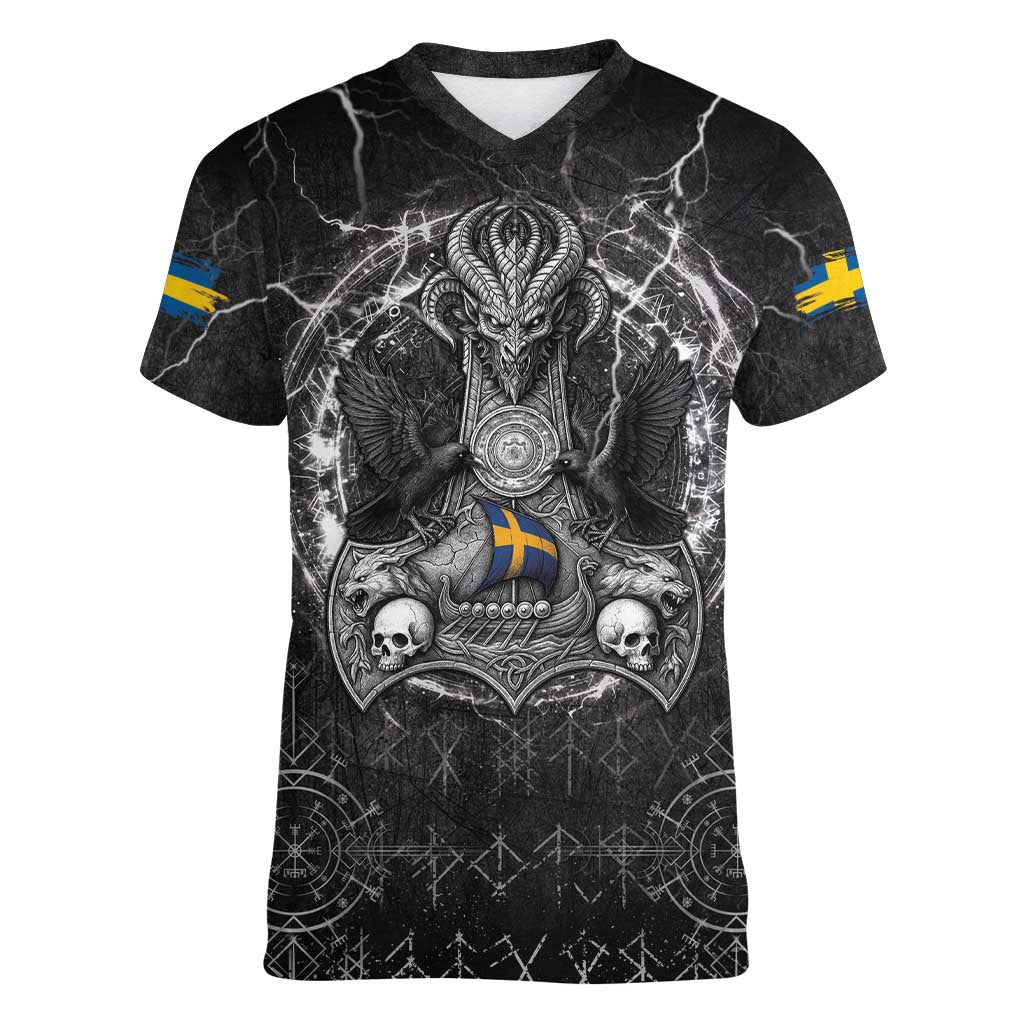 Personalized Sweden Viking Women V-Neck T-Shirt Odin's Raven Legacy - Wonder Print Shop