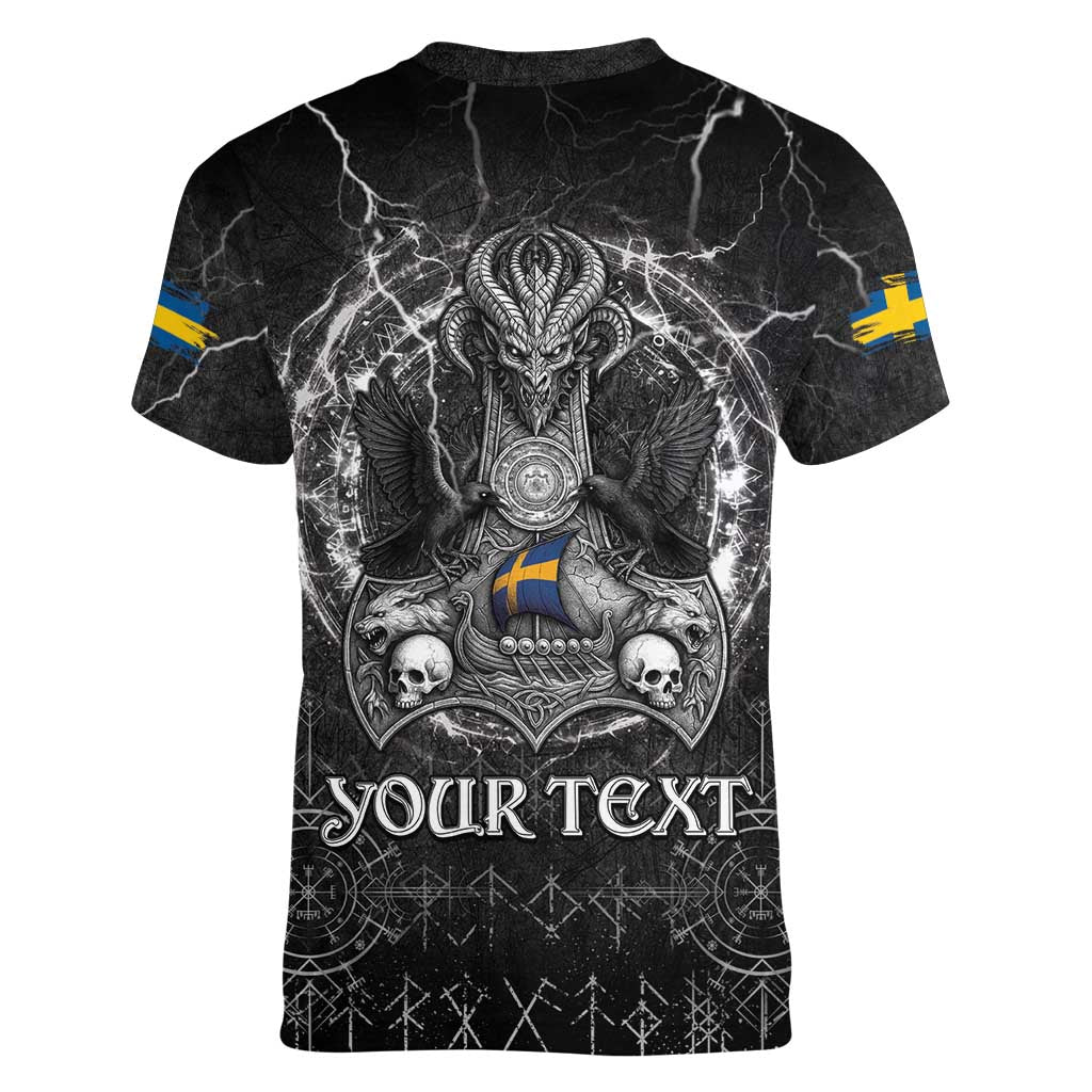 Personalized Sweden Viking Women V-Neck T-Shirt Odin's Raven Legacy - Wonder Print Shop