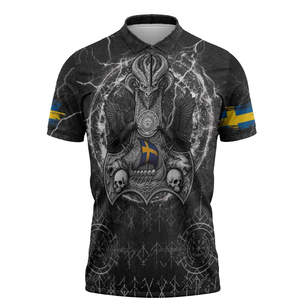 Personalized Sweden Viking Zipper Polo Shirt Odin's Raven Legacy - Wonder Print Shop